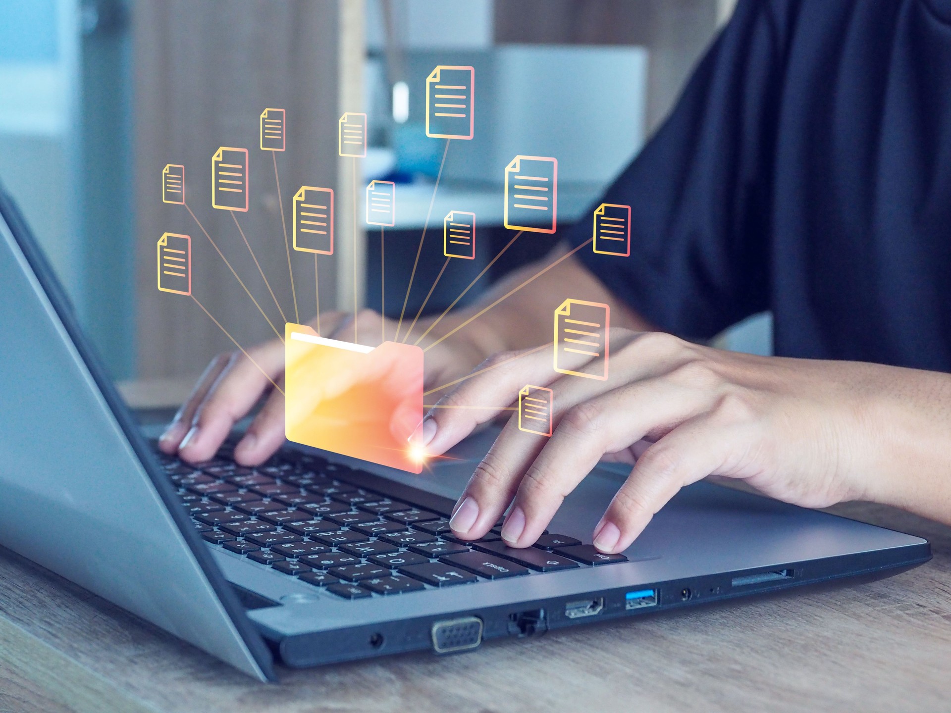 Businessman handling online document database files (DMS)