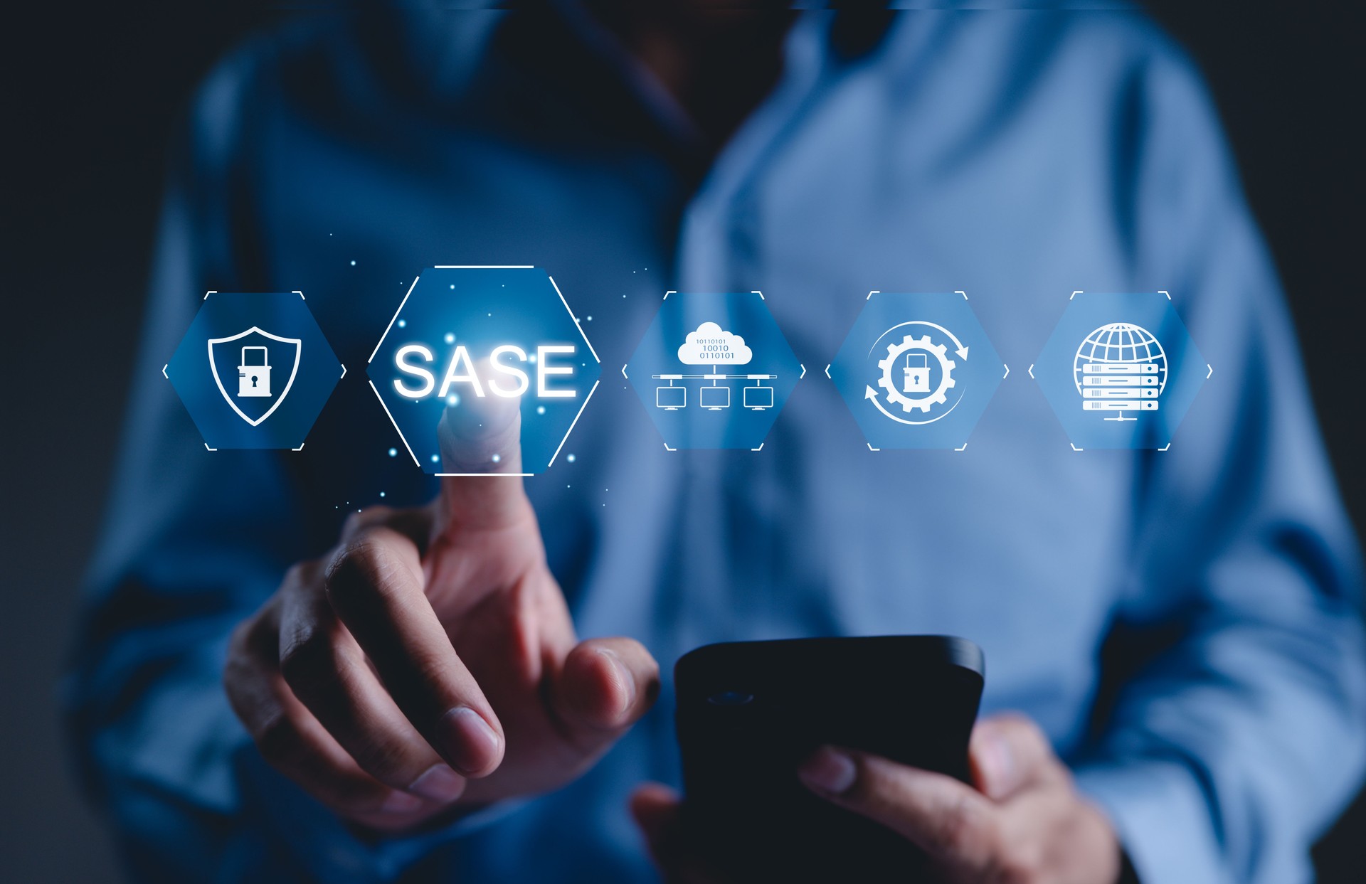 SASE Concept. Secure access service edge technology. digital interface SASE icons represent secure access, cloud security, network management, cybersecurity solutions in modern business environments,